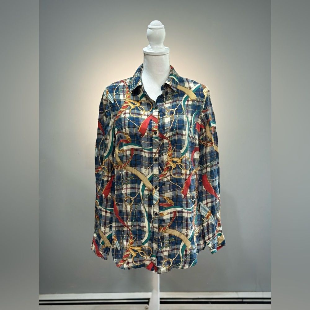 J. McLaughlin Silk Blend Button Down Shirt Size L EUC